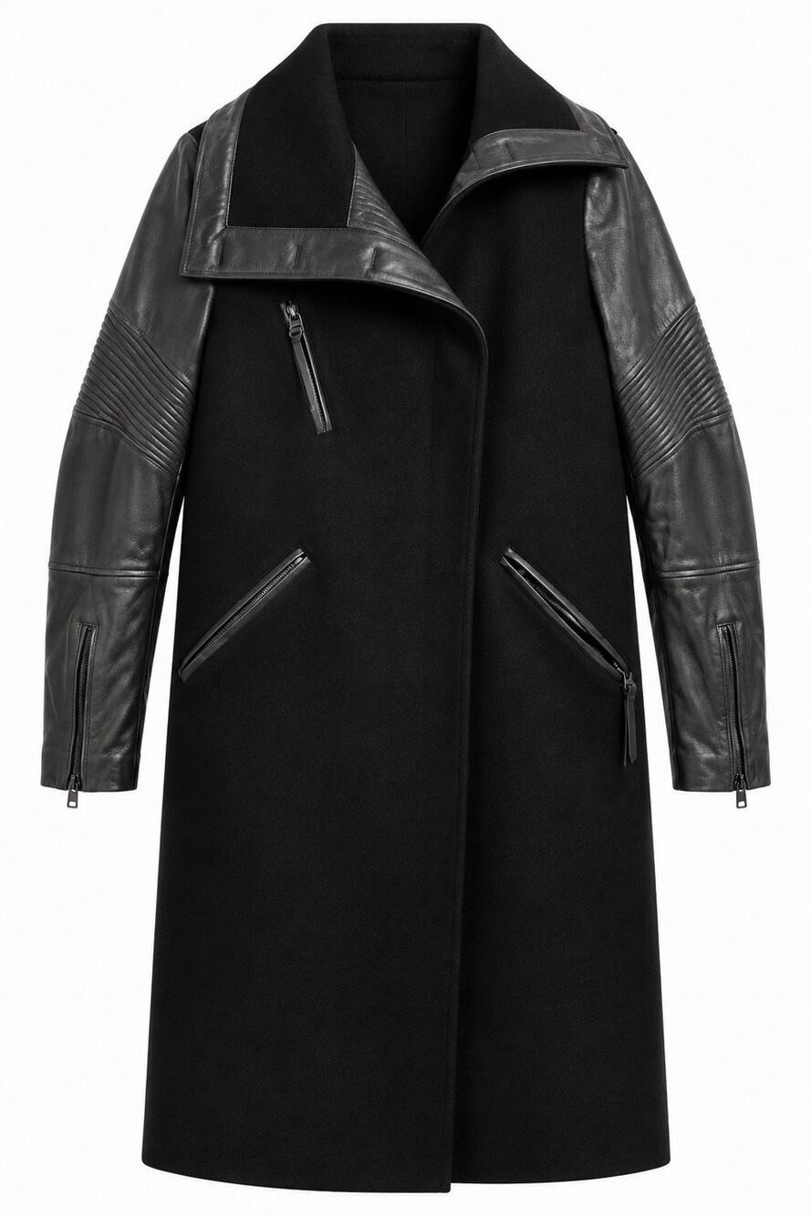 AllSaints Italian Wool Leather Sleeve Moto Biker Long Coat Black Size 4